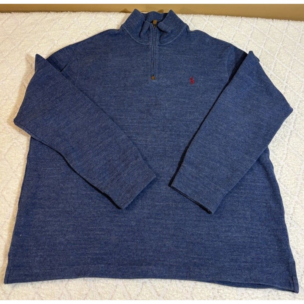 Ralph Lauren Polo Blue 1/4 Zip Pullover Sweater Red Embroidered Logo Men Size XL